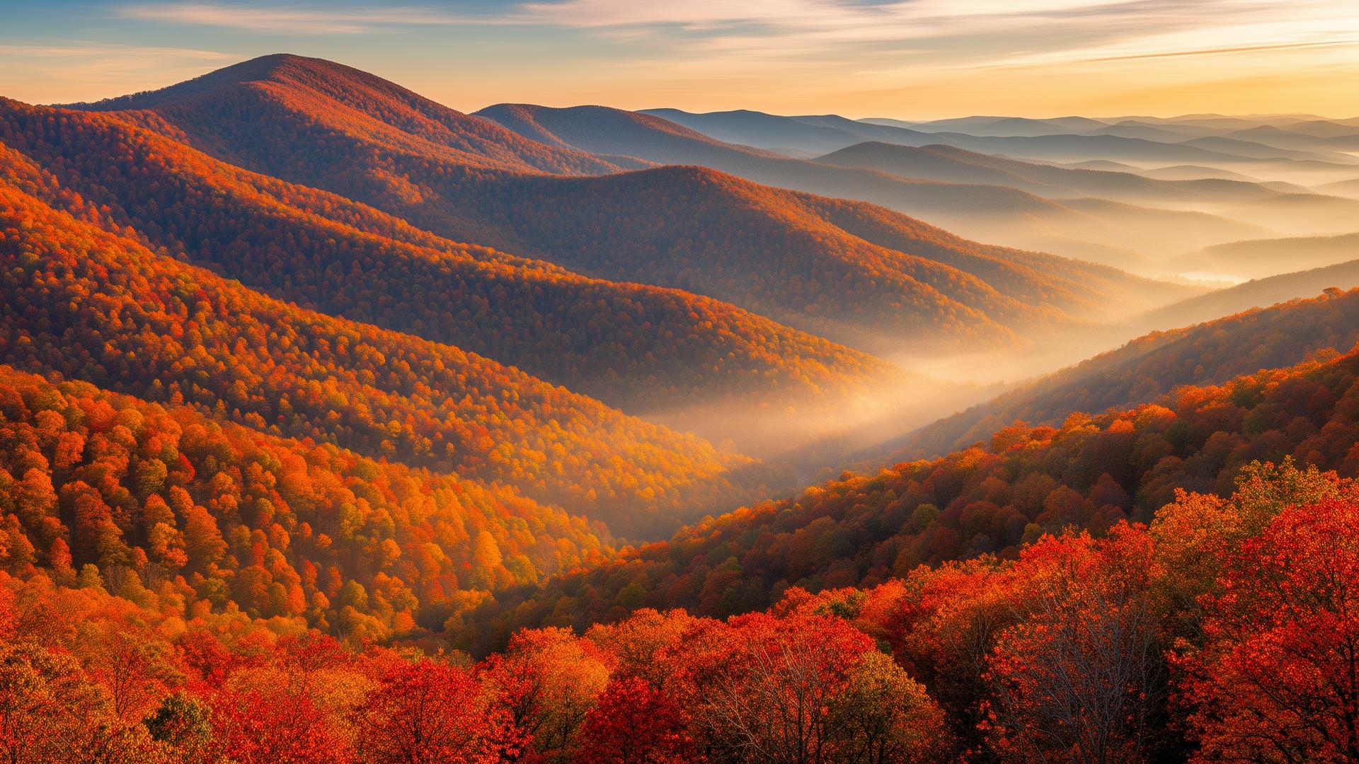 Vivid autumn Blue Ridge mountains at golden hour with sunbeams over a misty valley